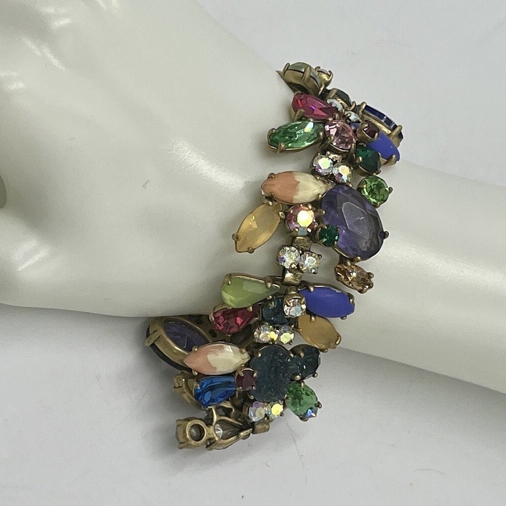 J. Crew Asymmetrical Colorful Multi-Color Stone Gold Tone Statement  Bracelet 8"